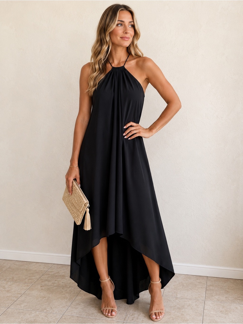 Express Black High Low Halter Midi Dress Gold Chain Straps NWT Size Small